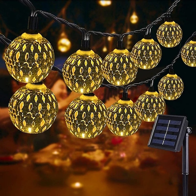  سلسلة أضواء مغربية تعمل بالطاقة الشمسية أضواء led كروية جنية خارجية مقاومة للماء 8 أوضاع إضاءة IP65 كرة إضاءة مقاومة للماء للكريسماس زينة لحفلات الزفاف وحفلات الزفاف