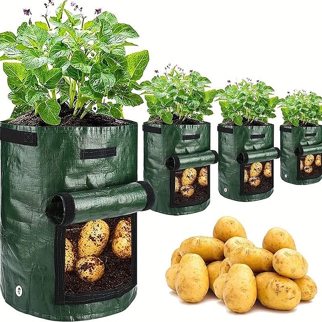  4 Uds bolsas de cultivo de patatas bolsas de cultivo de 10 galones con solapa y asas contenedor de plantas maceta para patatas tomate y verduras verde
