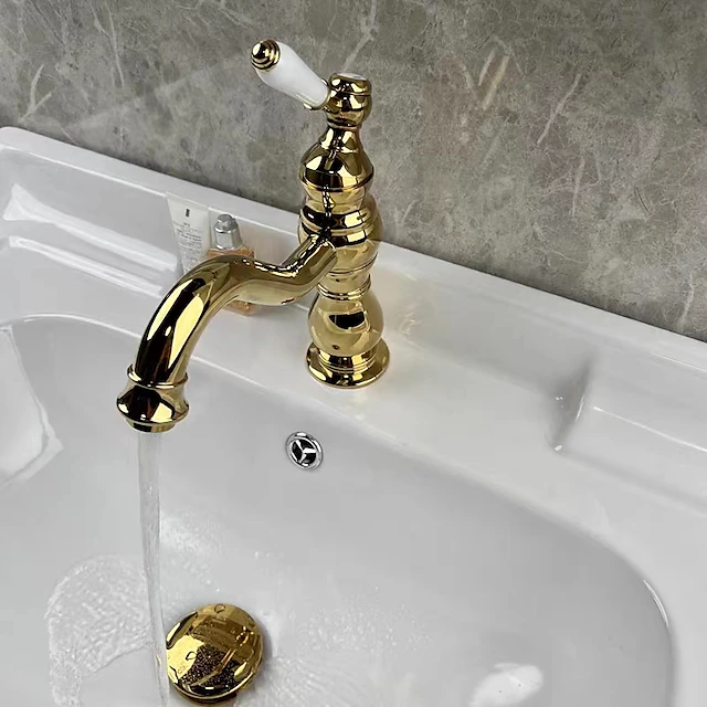 Bathroom Faucet Sink Mixer Basin Taps Deck Mounted, Washroom Vessel Water Brass Tap Single Handle One Hole Golden Chrome 11