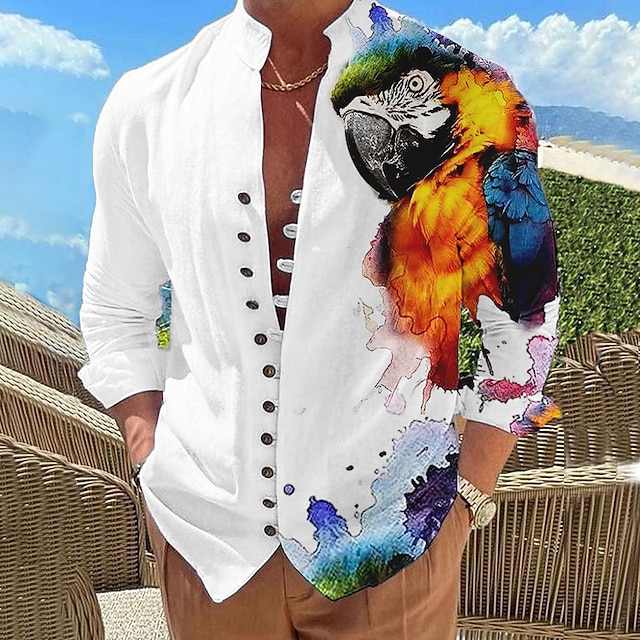  Herre Papegøje Skjorte Hawaii skjorte Aloha skjorte Langærmet Skjorte Høj krave Mode Designer Afslappet udendørs Ferierejse Gade Hvid Gul Rød S M L