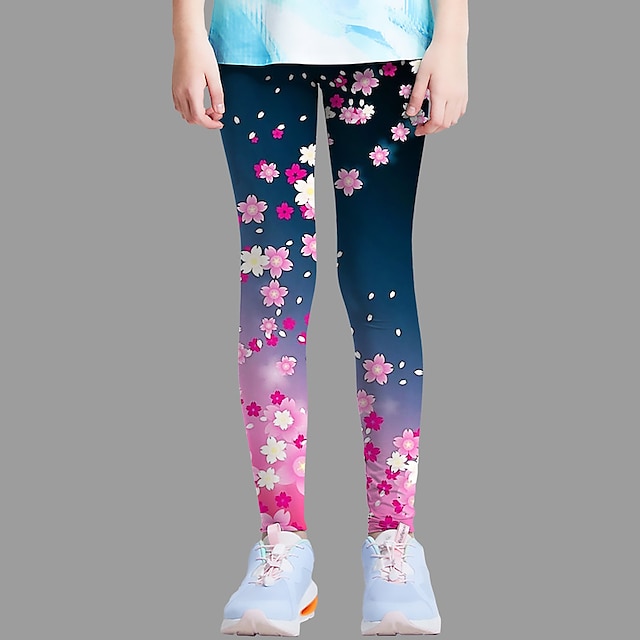  Kids Girls' Leggings flowers Rainbow Sport Toddlers pants Graphic Fashion Outdoor 3-12 Years Summer Navy Blue Purple/Active/Tights/Cute
