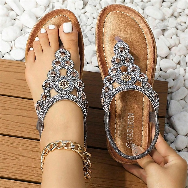  Dam Sandaler Bohem Platta sandaler Plusstorlekar Dagligen Strand Sommar Strass Blomma Platt klack Vintage Ledigt Imitationsläder Loafers Silver Svart Purpur