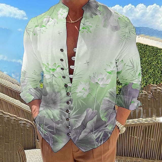  Bărbați Floral Imprimeu Grafic Cămașă Manșon Lung Cămașă Guler de stand În aer liber Vacanță Galben Albastru piscină Trifoi Gri Imprimeu Îmbrăcăminte Modă Designer Casual Comfortabil