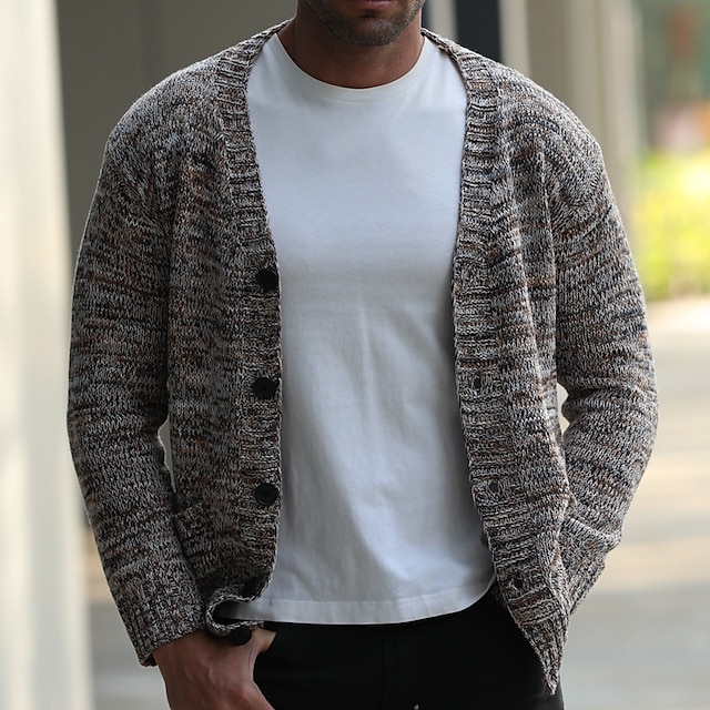  Male Cardigan Cardigan Sweater Sweater Jacket Chunky Knit Regular V Neck Solid / Plain Color Daily Wear Clothing Apparel Fall & Winter Brown M L XL