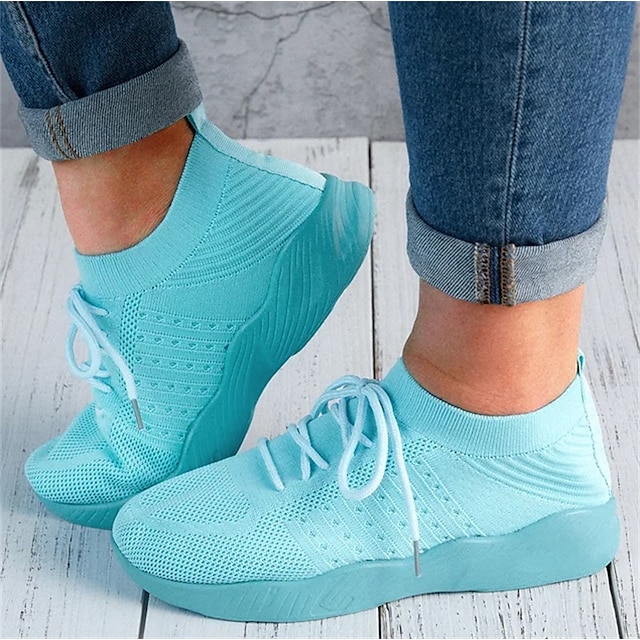  Women's Sneakers Slip-Ons Pink Shoes Plus Size Flyknit Shoes Outdoor Daily Solid Color Flat Heel Round Toe Sporty Casual Minimalism Running Walking Tissage Volant Lace-up Light Blue Black White