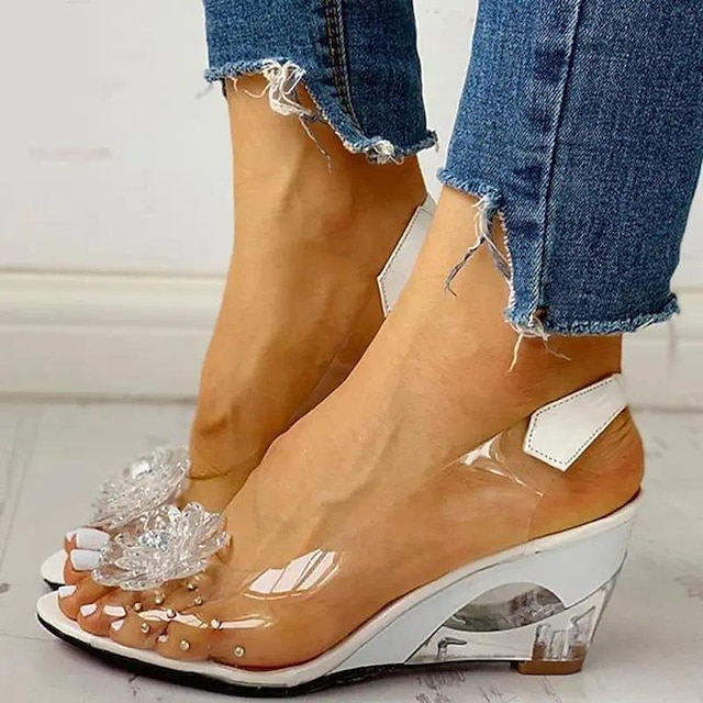  Women's Wedge Sandals Outdoor Beach Summer Wedge Heel Clear Sandals Peep Toe Elegant Casual Faux Leather Loafer White Yellow Black Sandals