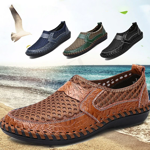 Men's Brown Breathable Faux Leather Loafers - Casual Summer Slip-On Shoes with Perforated Design for Outdoor Activities 13