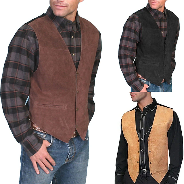 Men's Vest Gilet Daily Wear Vacation Going out Vintage Fashion Spring & Fall Button Front Pocket Polyester Comfortable Plain Single Breasted V Neck Regular Fit Black Light Brown Brown Vest 5