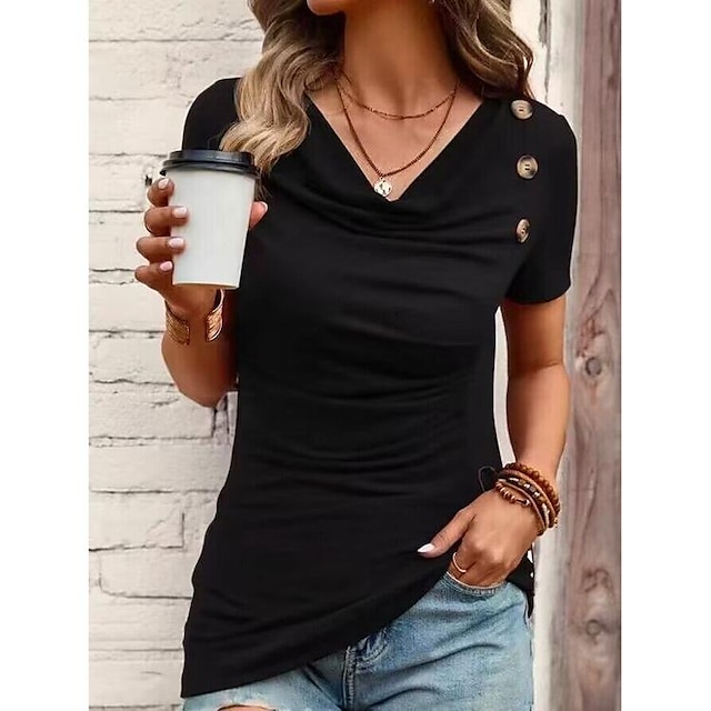  Women's T shirt Tee Black Button Plain Daily Weekend Short Sleeve V Neck Basic Regular S