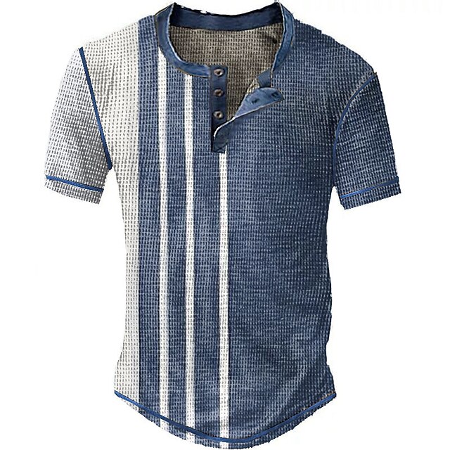 Men's Graphic Color Block Stripe Vintage Shirt Waffle Henley Shirt Short Sleeve 3D Print Fashion Designer Basic Outdoor Daily Summer Blue Brown Green Gray Henley Henley T-Shirt 5