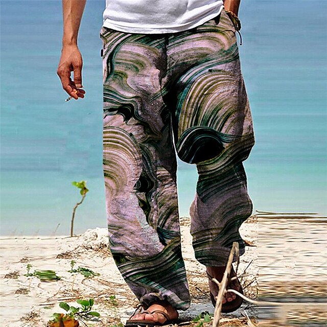 Men's Trousers Summer Pants Beach Pants Drawstring Elastic Waist 3D ...