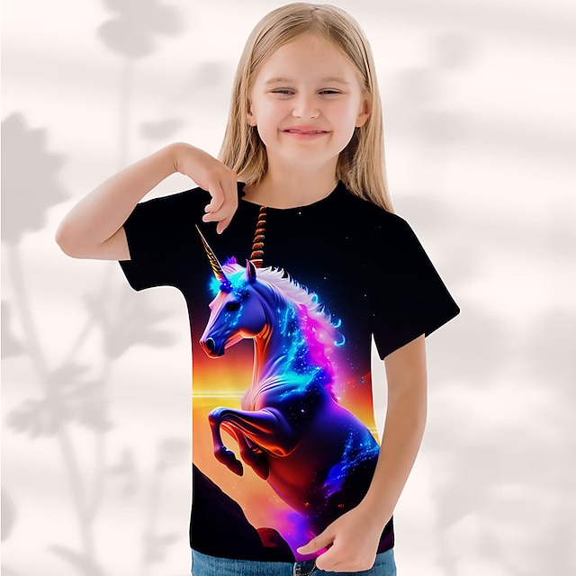  Voor meisjes 3D Grafisch Tekenfilm Eenhoorn T-shirt Korte mouw 3D-afdrukken Zomer Lente Actief Modieus leuke Style Polyester Kinderen 3-12 jaar Buiten Casual Dagelijks Normale pasvorm