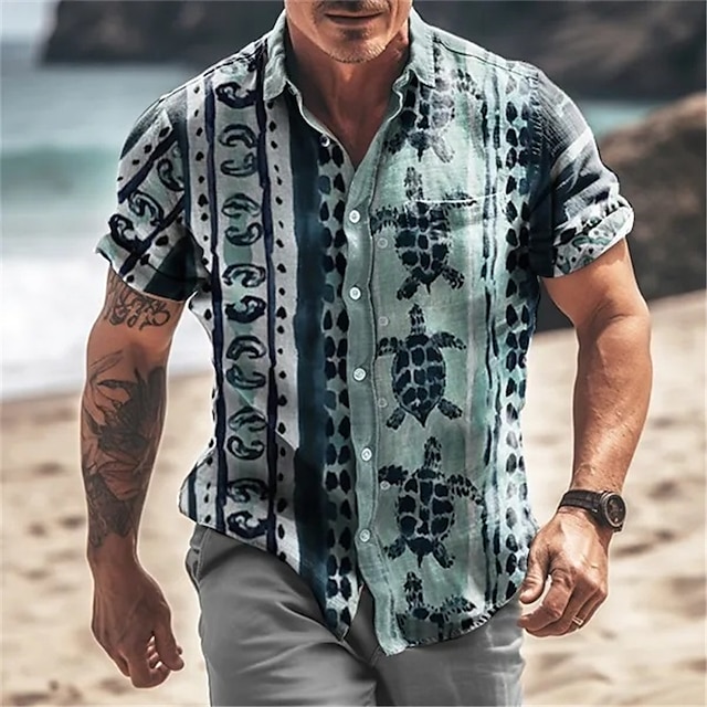  Men's Shirt Summer Hawaiian Shirt Graphic Prints Beach Turtles Turndown Apricot Blue Green Light Blue Outdoor Street Short Sleeves Print Clothing Apparel Fashion Streetwear Designer Casual