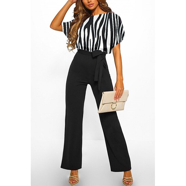  Women's Jumpsuit Solid Color Belted Elegant Crew Neck Wide Leg Party Daily Short Sleeve Regular Fit Batwing Sleeve Gray XXL 3XL Summer