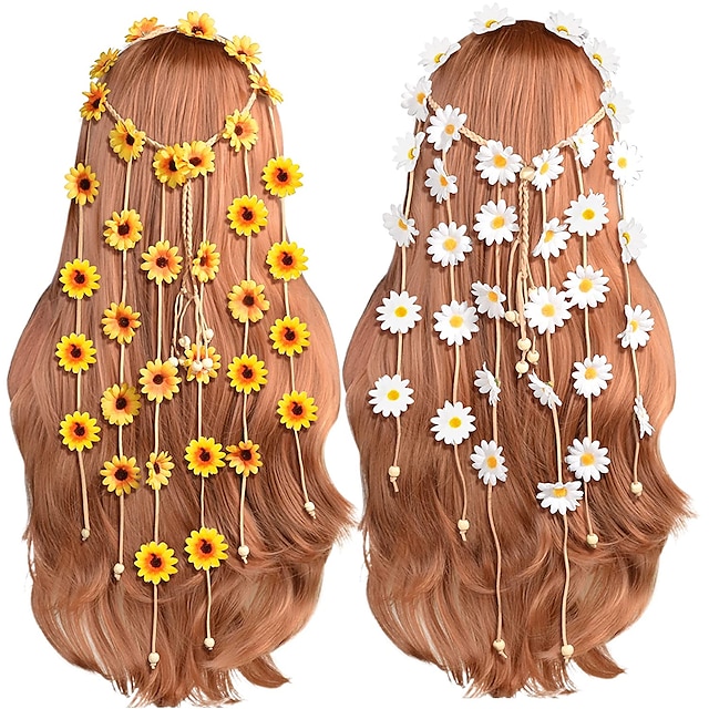  2 τμχ λουλουδιών hippie headband λουλουδάτο στέμμα καλοκαιρινά αξεσουάρ μαλλιών ηλίανθου για μποέμ στυλ κοστουμιών της δεκαετίας του '70