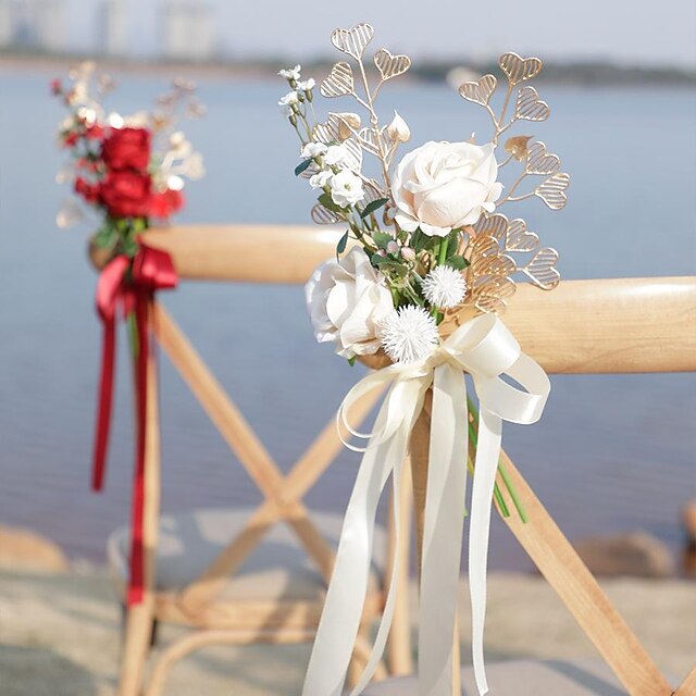  Outdoor Wedding Chair Back Flower Banquet Chair Decoration Flower Rose Love Leaf Simulation Bouquet