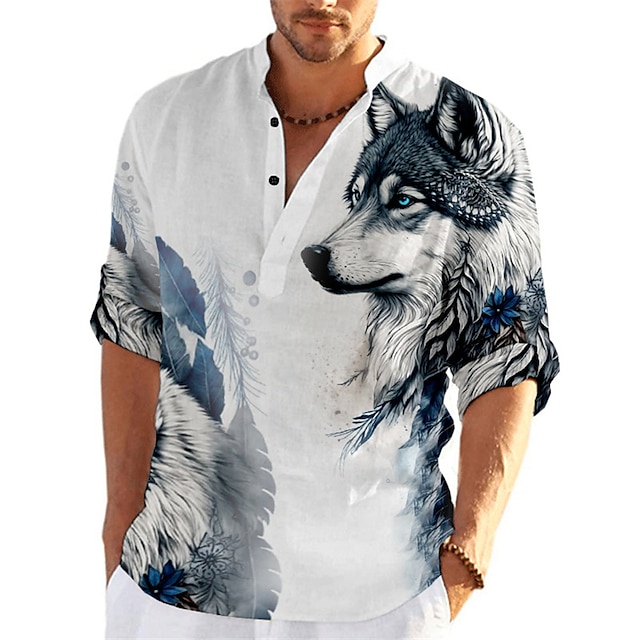  Men's Shirt Animal Wolf Graphic Prints Stand Collar Black White Yellow Blue Brown Outdoor Street Long Sleeve Print Clothing Apparel Fashion Streetwear Designer Casual