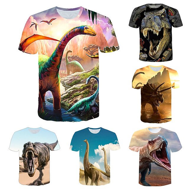  Kinderen Peuter Jongens T-shirt Korte mouw Dinosaurus Fantastische beesten Grafisch 3D dier Ronde hals Opdruk Wit blauw Geel Kinderen Tops Actief Stoer 2-12 jaar