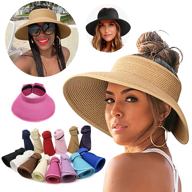  chapéus de viseira de sol para mulheres aba larga palha enrolar rabo de cavalo chapéu de praia verão uv upf embalável dobrável viagem verão