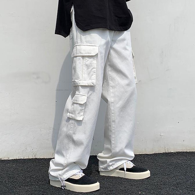  Per uomo Pantaloni cargo Vita elastica Multi tasca Tinta unica Giornaliero Fine settimana Streetwear Moda Nero Bianco