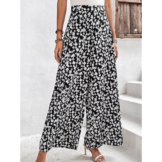  Women's Wide Leg Pants Trousers Black Red Blue Fashion Casual High Waist Wide Leg Baggy Vacation Casual Daily Full Length Micro-elastic Floral Comfort S M L XL 2XL