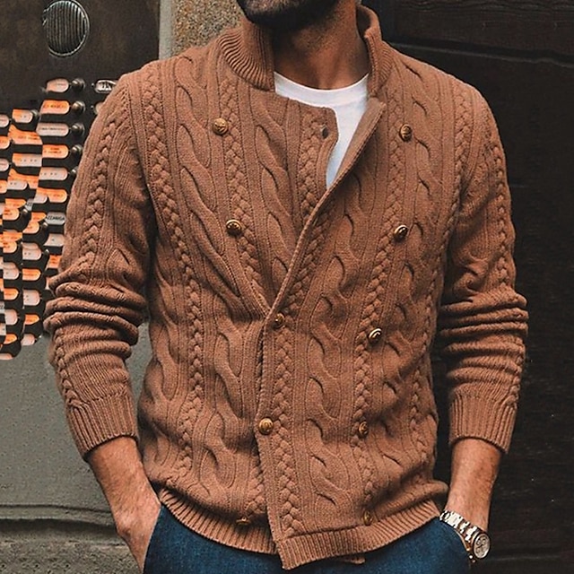  Male Cardigan Cardigan Sweater Sweater Jacket Chunky Knit Double Breasted Regular Stand Collar Solid / Plain Color Daily Wear Clothing Apparel Fall & Winter Brown M L XL