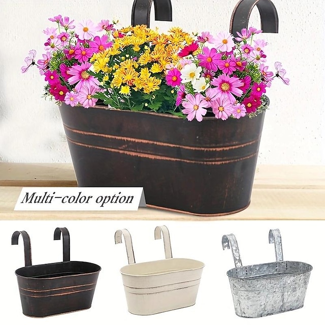  Metal Hanging Flower Pots For Railing Fence, Galvanized Steel Hanging Bucket Pots, Farmhouse Style Vintage Balcony Oval Planter, Countryside Style Window Flower Plant Holder With Detachable Hooks, Vintage Home Decor