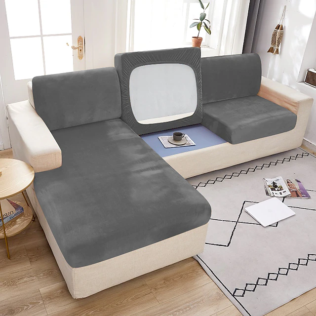 Stretch Couch Covers Sofa Seat Burgundy Cushion Cover Velvet For Dogs Pet, Magic Sofa Cover Sectional Sofa Slipcover for Love Seat, L Shaped, 3 Seater, Washable Protector 26