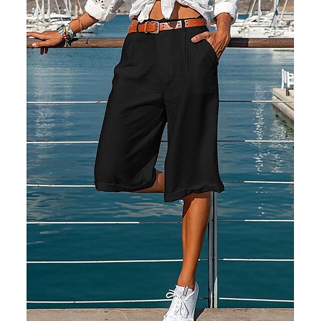  Women's Wide Leg Linen Pants Bermuda shorts Cotton Black Grey Fashion Casual Side Pockets Street Vacation Casual Daily Knee Length Plain Comfort S M L XL 2XL