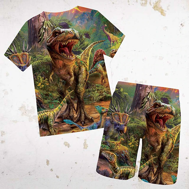 2 Pieces Kids Boys T-shirt & Shorts Clothing Set Outfit Graphic Dinosaur Short Sleeve Crewneck Set Outdoor Sports Fashion Cool Spring 7-13 Years Blue Dusty Blue Green 10