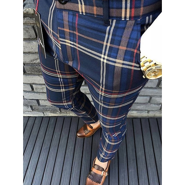  Męskie Typu Chino Spodnie Spodnie ołówkowe Joggery Spodnie w kratę Kieszeń Klasyczny Siateczka Komfort Na zewnątrz Pełna długość Formalny Biznes Codzienny Chino Inteligentne Casual Czarny Niebieski