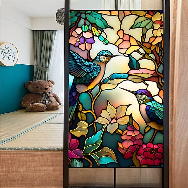  1 Roll  Colorful Retro Flower Birds Window Glass Electrostatic Stickers Removable Window Privacy Stained Decorative Film for Home Office