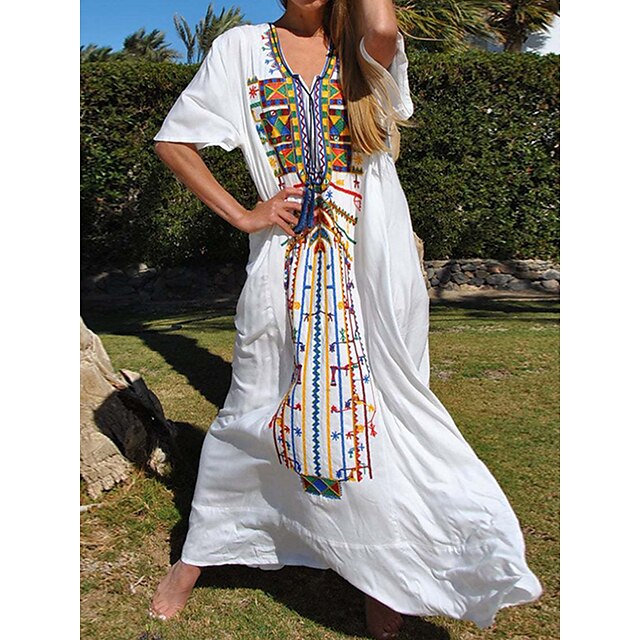  Women's Casual Dress Ethnic Dress Summer Dress Long Dress Maxi Dress Fashion Streetwear Tribal Embroidered Daily Holiday Vacation V Neck Half Sleeve Dress Loose Fit ArmyGreen White Navy Blue Summer