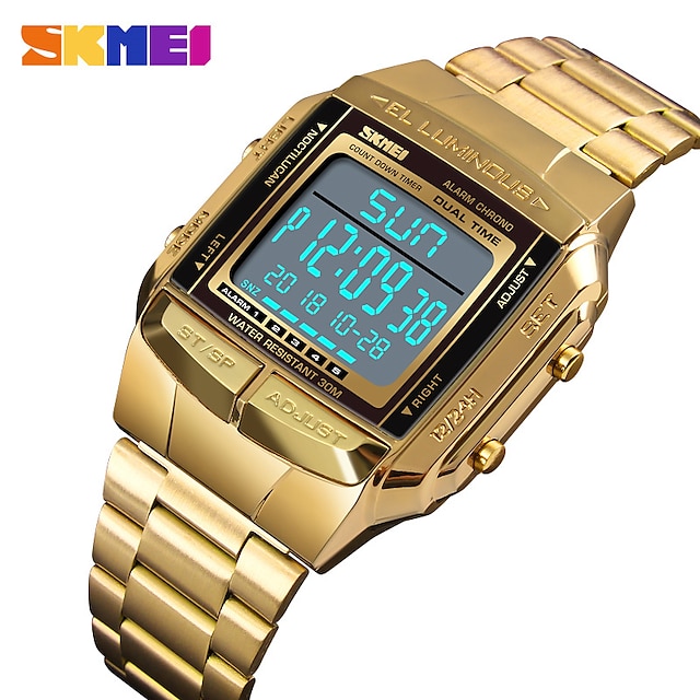  skmei 1381 豪華なメンズ腕時計ゴールドゴールデンデジタル腕時計ステンレス鋼トップブランドレロジオ masculino saatler 男性時計