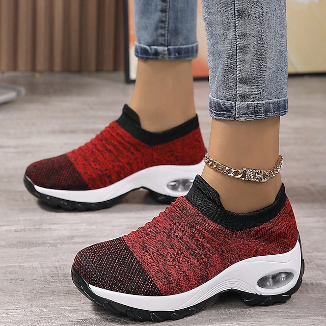 Women's Slip-On Air Cushion Walking Shoes - Breathable Knitted Athletic Sneakers for Comfort and