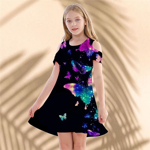  Girls' Casual Dress Strap Dress A Line Dress Short Sleeve Graphic Butterfly 3D Printed Graphic Dresses Above Knee Cute Casual Sweet Dress Polyester Summer Spring Kids Regular Fit Sports & Outdoor