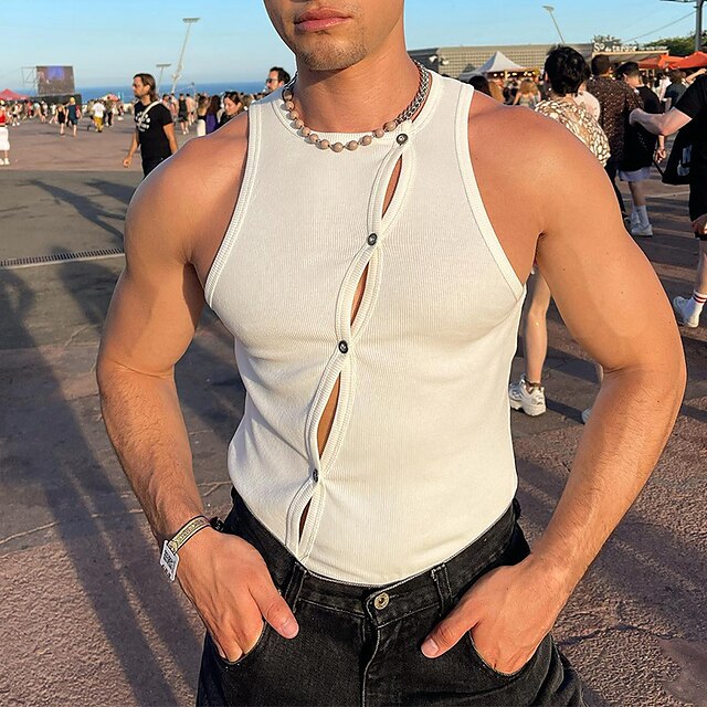  Men's Tank Top Vest Top Undershirt Sleeveless Shirt Crew Neck Plain Outdoor Going out Button Ripped Sleeveless Clothing Apparel Fashion Designer Muscle