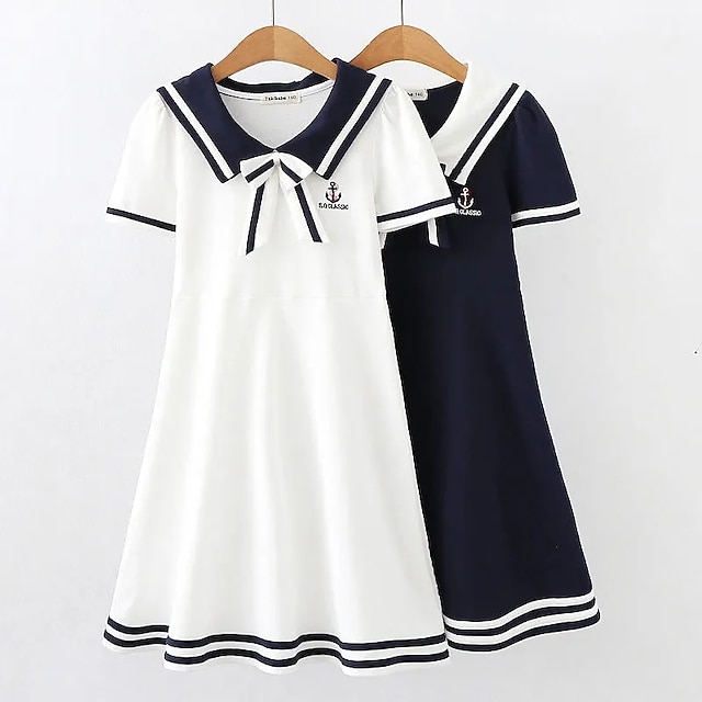  Kids Girls' Dress Solid Color Short Sleeve Casual Cute Adorable Cotton Knee-length Summer Dress Summer Spring 3-13 Years White Royal Blue