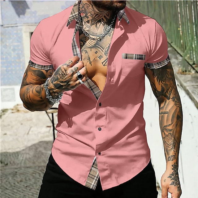  男性用 シャツ ボタンアップシャツ カジュアルシャツ サマーシャツ ホワイト ピンク アーミーグリーン グレー 半袖 カラーブロック ラペル 日常 バケーション フロントポケット 衣類 ファッション カジュアル 快適