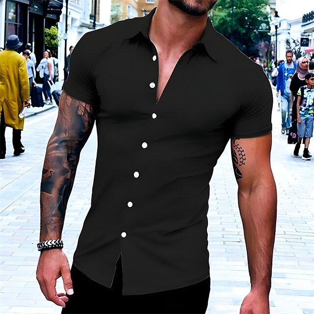  Men's Shirt Button Up Shirt Casual Shirt Summer Shirt Black White Blue Gray Plain Short Sleeve Lapel Daily Vacation Clothing Apparel Fashion Casual Comfortable
