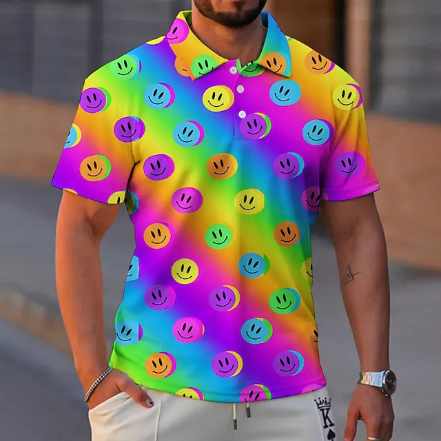 Men's Button Up Polos Lapel Polo Polo Shirt Golf Shirt Rainbow Gradient Graphic Prints Turndown