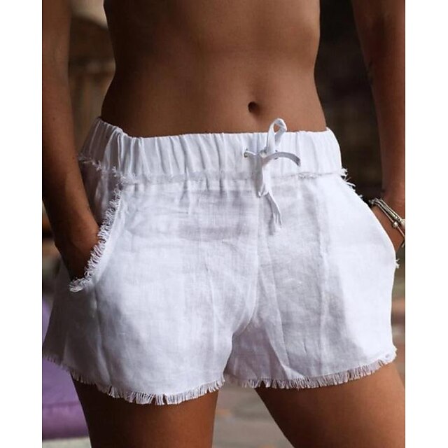  Women's Shorts Cotton White Fashion Tassel Fringe Side Pockets Casual Daily Short Micro-elastic Plain Comfort S M L XL 2XL