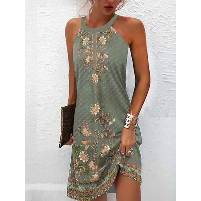 Womens Floral Summer Dress Halter Neck Dress Halter Neck Print Mini Dress Outdoor Daily Active