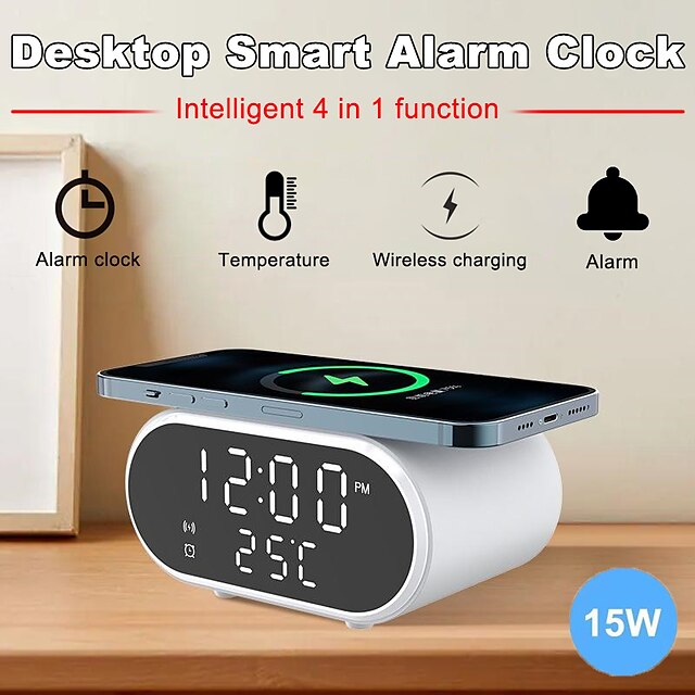 Desktop Smart Alarm Clock Fast Wireless Charger 15W Thermometer ...