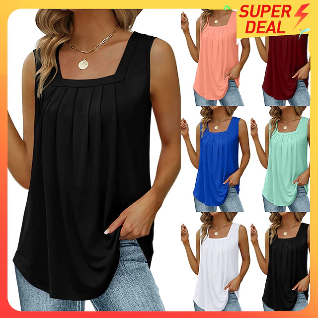 Women's Tank Pleated Solid / Plain Color Basic Square Neck Sleeveless ...