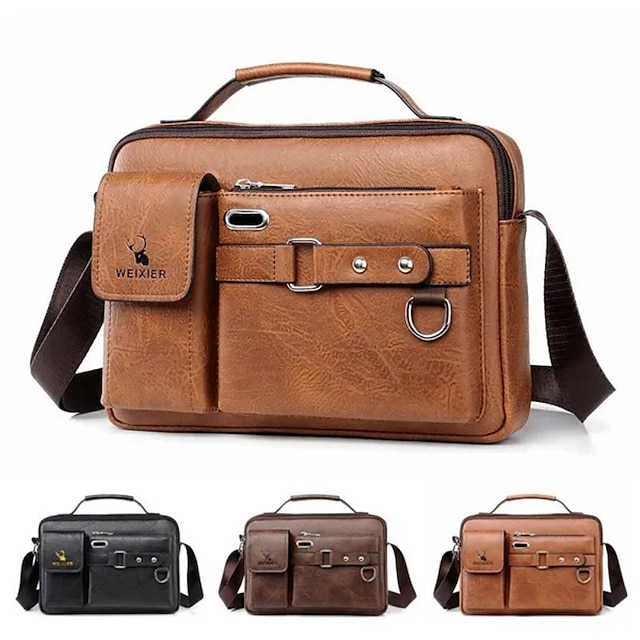  WEIXIER Mens Crossbody Bag Leather Messenger Bags Waterproof Shoulder Bag Satchel Bag Vintage Briefcase Handbags for Travel Work Business