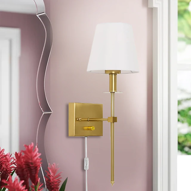 Plug in Wall Sconce Dimmable Wall Sconces 1pcs, White Fabric Shade Wall ...