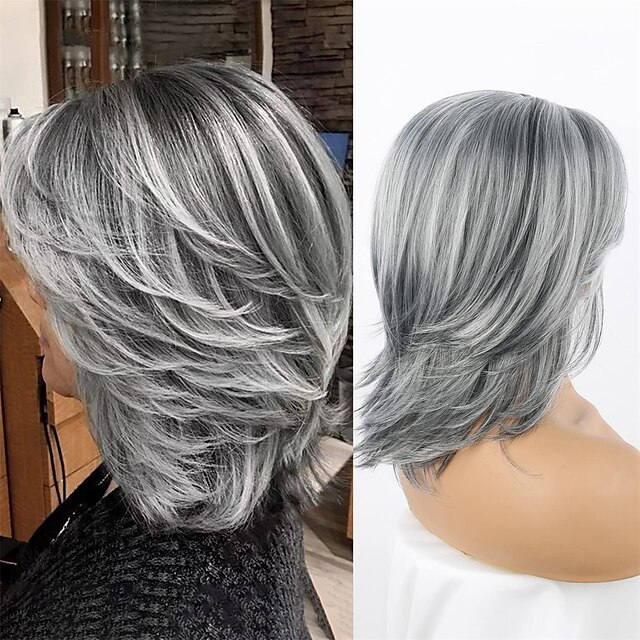 Silver Gray Ombre Layered Wigs With Curtain Bangs For Women Synthetic 