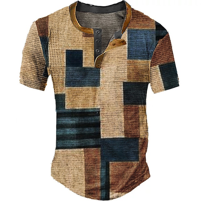  geometrický vzor tričko pánské grafický vafle henley barevný blok oblečení oblečení 3d tisk venkovní denní knoflík s krátkým rukávem módní návrhář základní čtverce ležérní modrá bavlna abstrakt