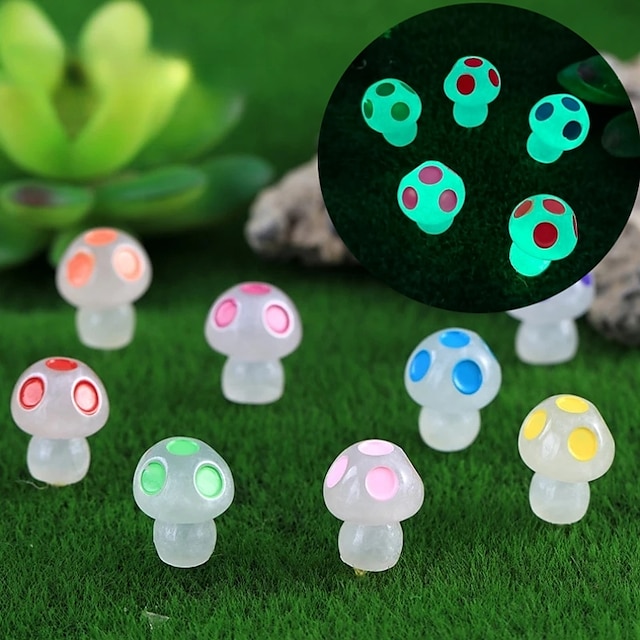  5 pçs mini estatuetas de cogumelos minúsculos brilhantes coloridos decoração de estátua de cogumelo em miniatura para ornamento que brilha no escuro